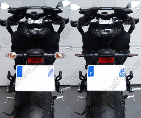 Comparativo antes e depois para a passagem dos piscas sequênciais a LED de Harley-Davidson Fat Bob 1584