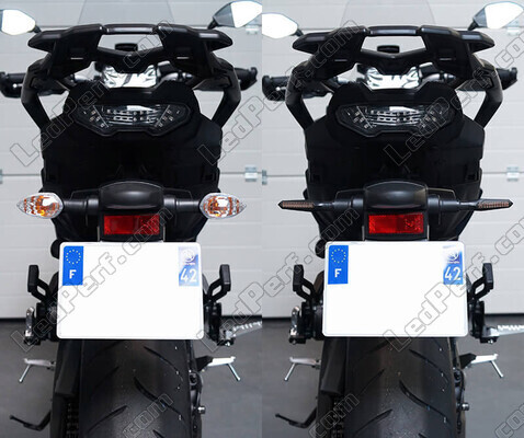 Comparativo antes e depois para a passagem dos piscas sequênciais a LED de Indian Motorcycle Chieftain 1890 (2020 - 2023)